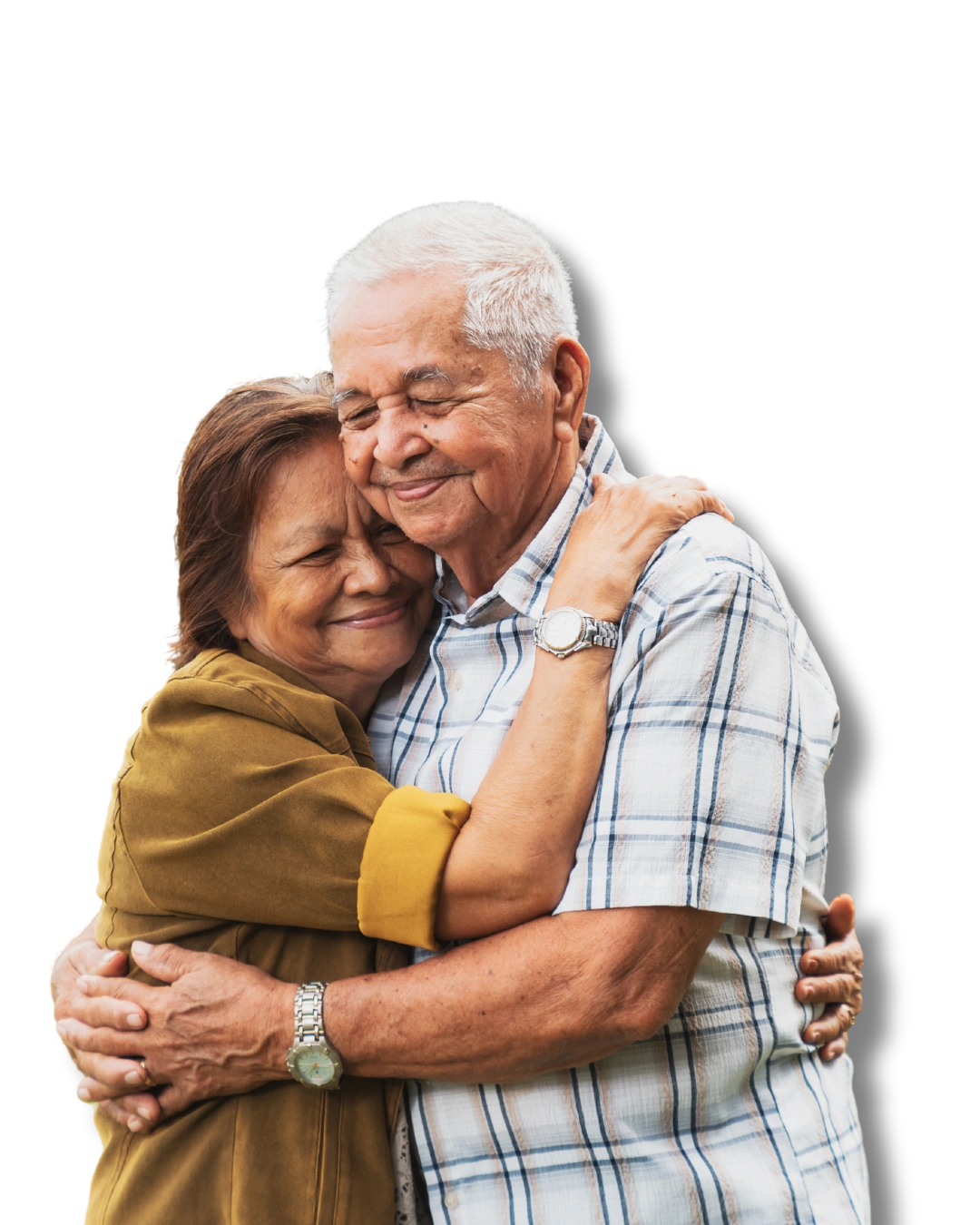Elderly man and woman sharing a warm embrace