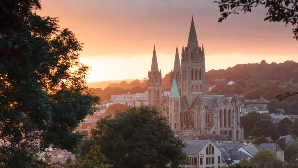 Truro Cathedral at sunset, symbolising local care services in Cornwall.