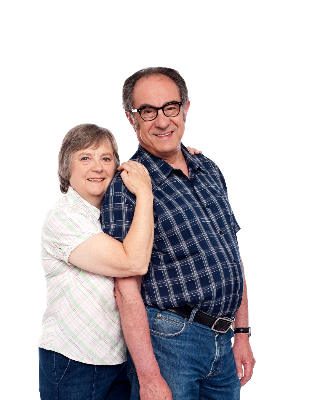 elderly woman leaning on smiling senior man’s shoulder