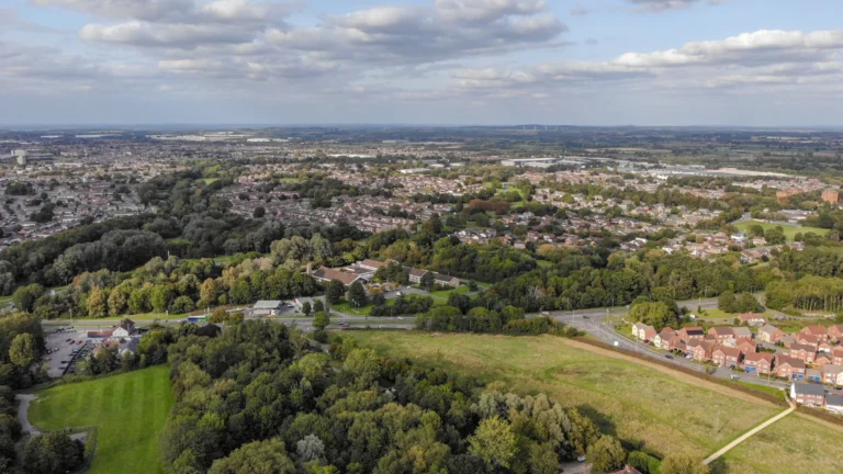 Aerial view of South Swindon, showing homes and community spaces.