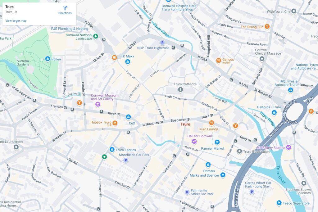 Map of Truro, Cornwall showing coverage area for Link Direct Care Ltd’s home care services