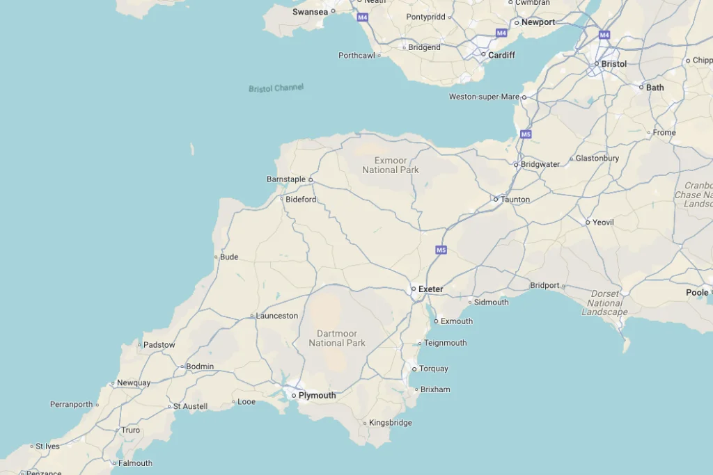 Map showing South West England including Bristol, Exeter, Plymouth, and surrounding towns