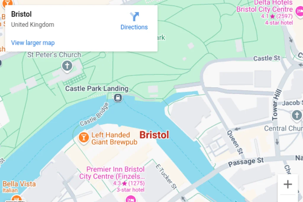Map of central Bristol highlighting Castle Park, Queen Street, and surrounding areas